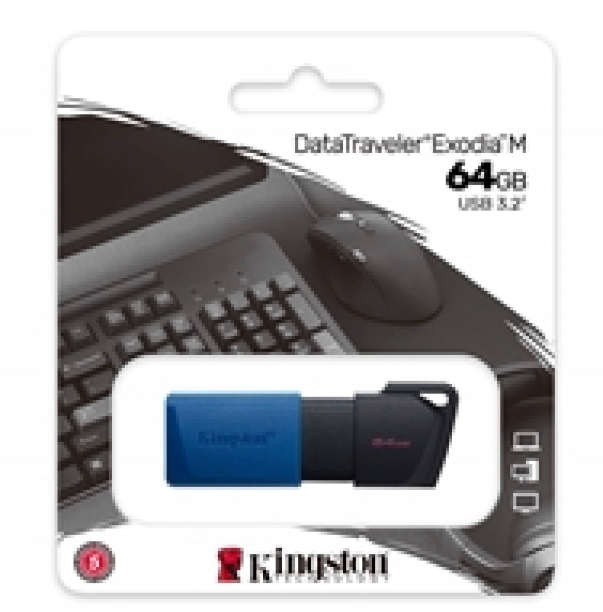 KINGSTON DATATRAVELER EXODIAM DTXM/64GB USB FLASH DRIVE, 64GB, USB 3.2, BLUE / BLACK, MOVING CAP DESIGN