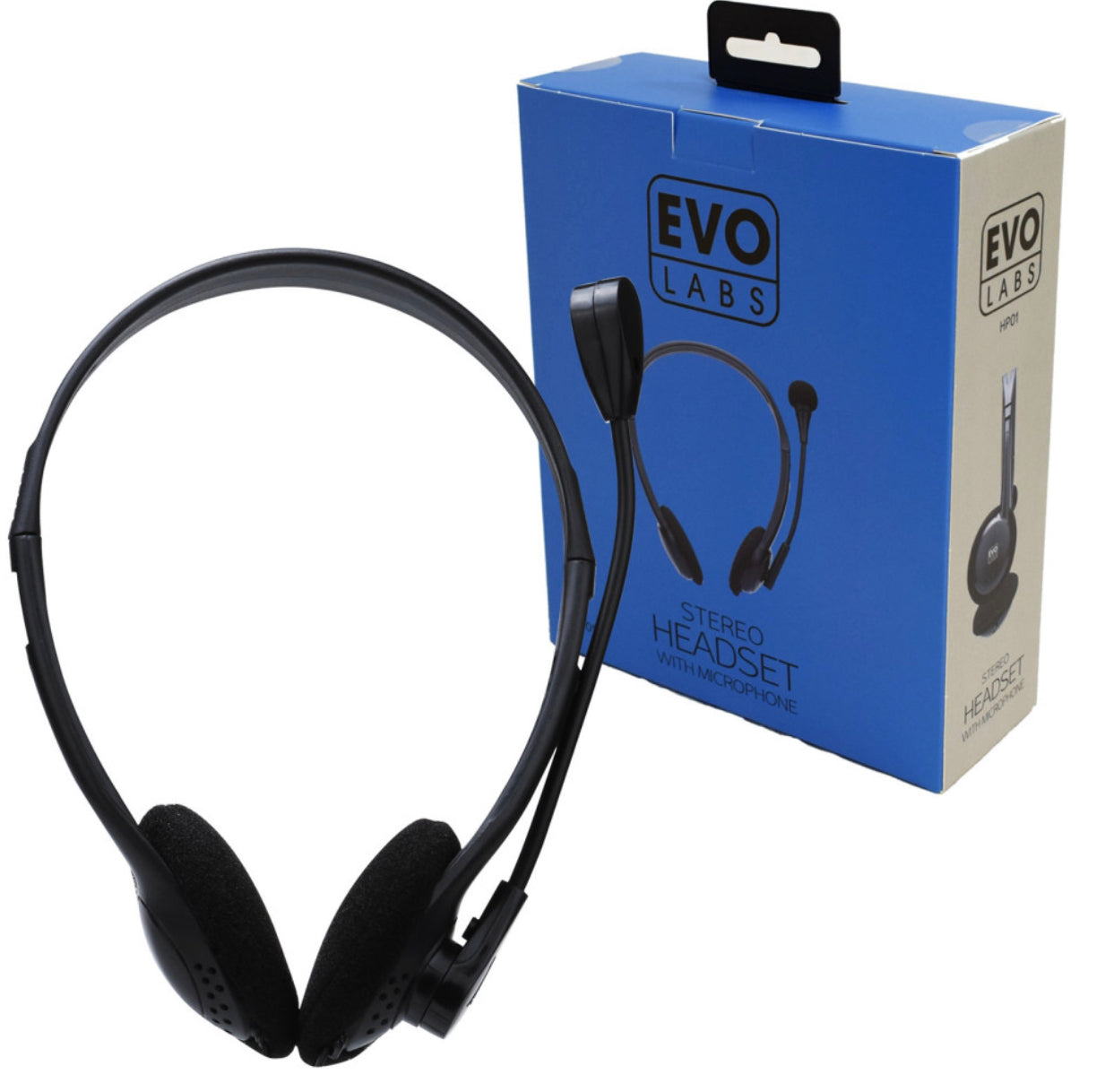 EVO LABS HP01 HEADSET WITH MIC, 2X 3.5MM CONNECTION, PLUG AND PLAY WITH 40MM AUDIO DRIVERS, BLACK