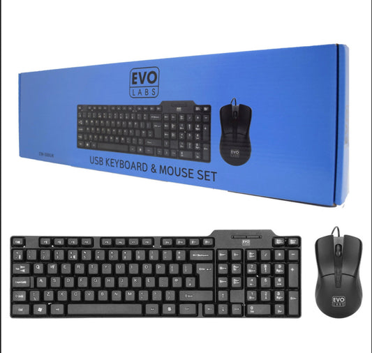 EVO LABS CM-500UK WIRED KEYBOARD AND MOUSE COMBO SET, USB PLUG AND PLAY, FULL SIZE QWERTY UK LAYOUT KEYBOARD WITH OPTICAL SENSOR MOUSE, IDEAL FOR HOME OR OFFICE, BLACK